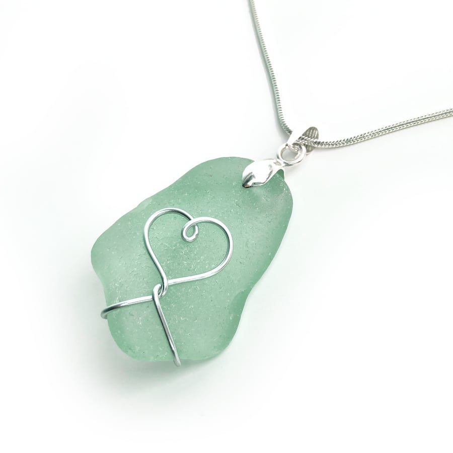 Sea Glass Pendant - Green Beach Glass - Silver Handmade Heart Necklace Jewellery