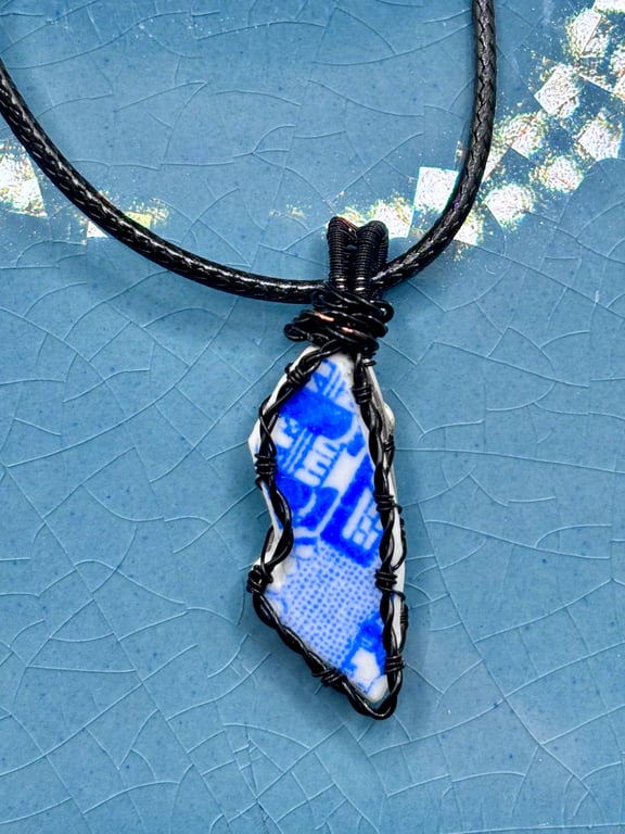 Scottish sea pottery necklace pendant - Unique gift - Blue and White