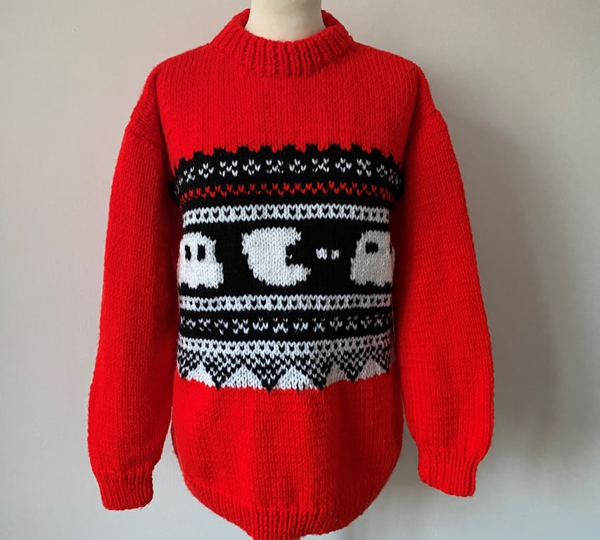 PacMan Bright Red Hand Knitted Sweater
