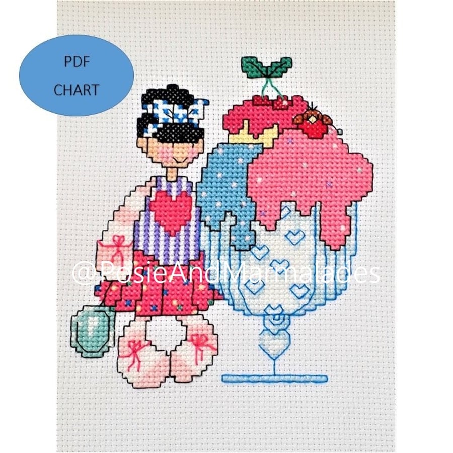 Ice cream sundae girl cross stitch Instant digital Download PDF chart