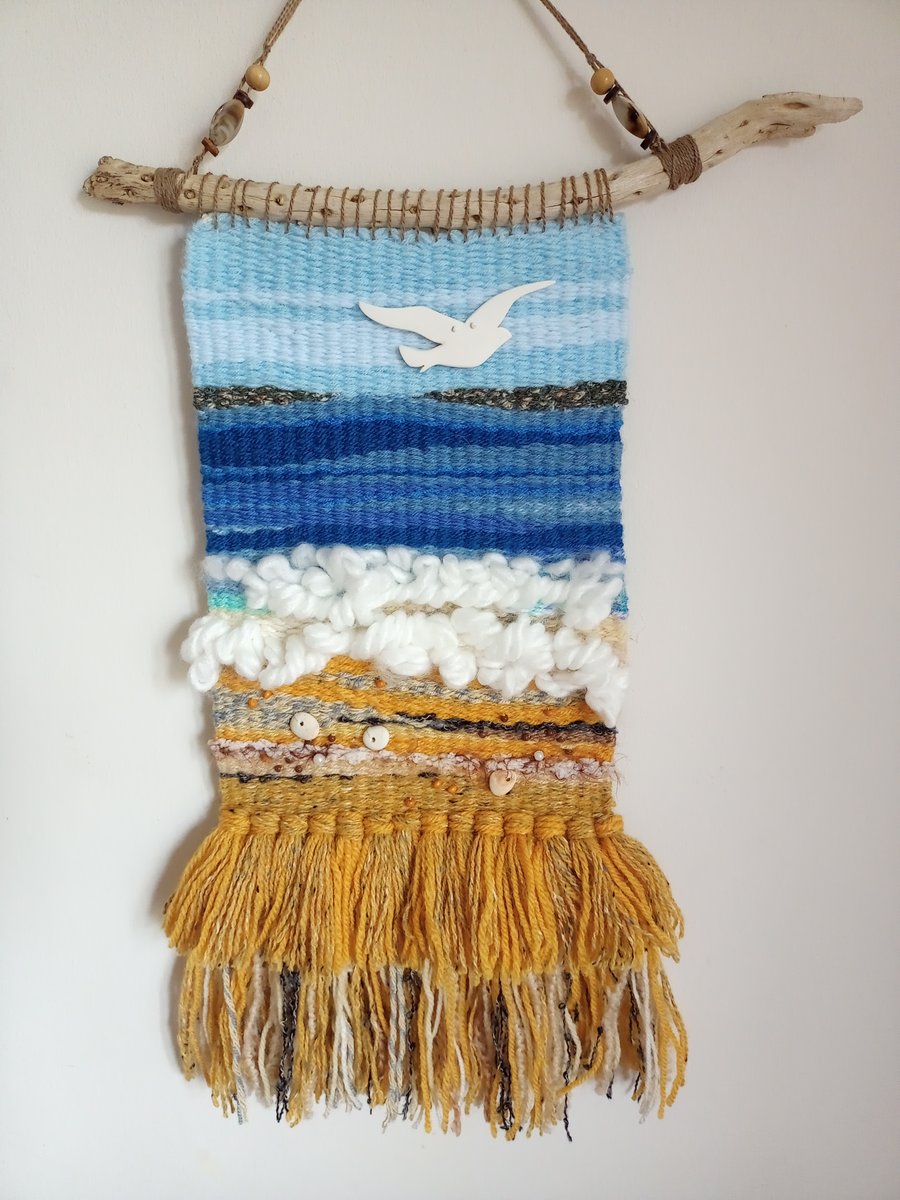 Handwoven Seascape Wall Hanging, Textured Coastal Scene