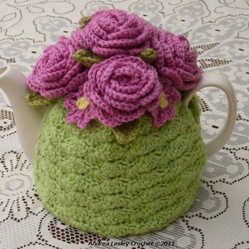 Crochet Tea Cosy/Light Green with Roses (Made to order)
