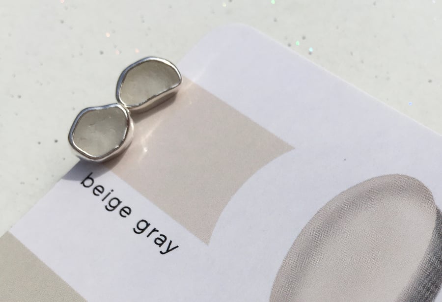 Welsh Handmade Large Beige-Grey Sea Glass & Silver Stud Earrings 