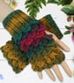 Crochet gloves. Red gold and green dragon scale gloves. Fingerless gloves.
