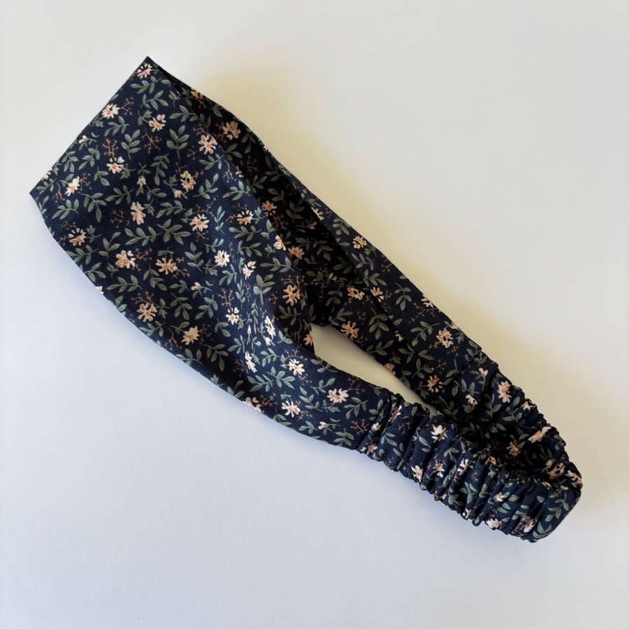Cotton wide flat headband, yoga headband, in a navy floral print