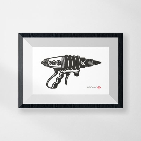 Raygun Linocut Print - Limited Edition Handmade Retro Sci-Fi Art