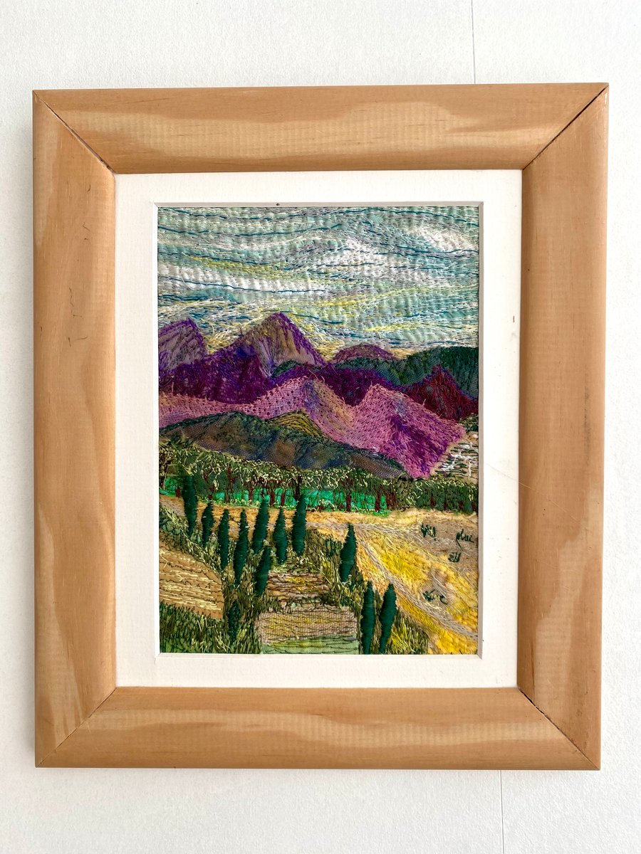 Purple Mountains, Free Motion Machine Embroidery Landscape 