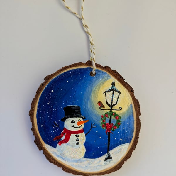 Hand Painted Wooden Slice Hanging Christmas Tree Decoration - Snowman