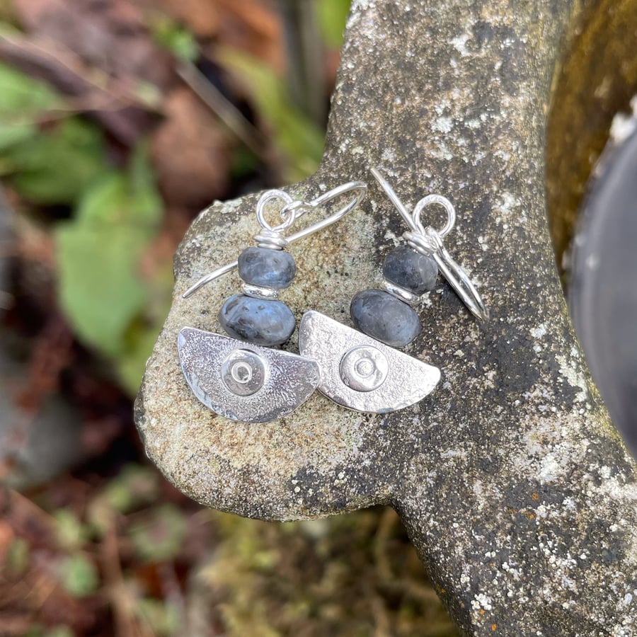 Silver and black labradorite Ulu blade earrings