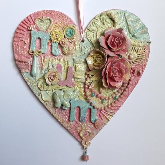 Large Mixed Media, Shabby Chic, Mum Hanging Heart Plaque 