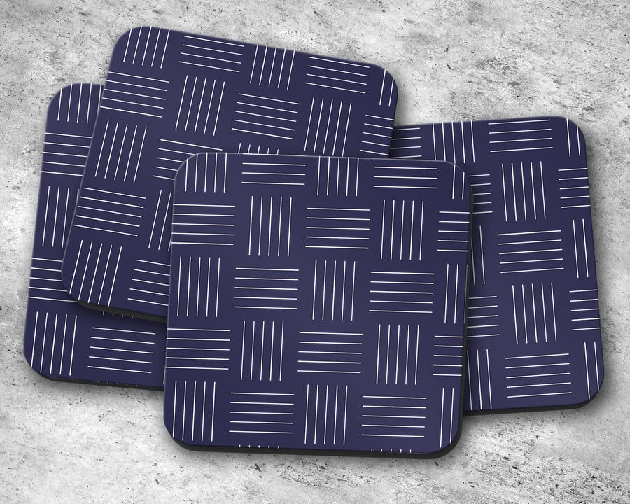 Set of 4 Navy Blue with White Geometric Design Coasters