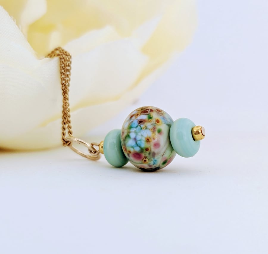 Soft Green Lampwork Glass Pendant Necklace on 18" Gold Tone Chain