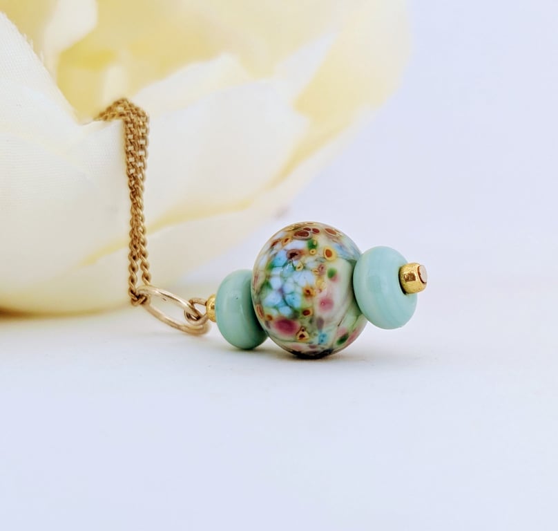 Soft Green Lampwork Glass Pendant Necklace on 18" Gold Tone Chain