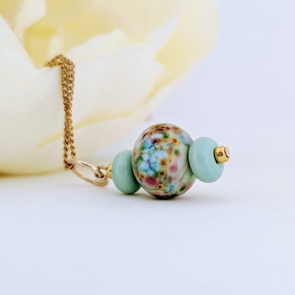 Soft Green Lampwork Glass Pendant Necklace on 18" Gold Tone Chain