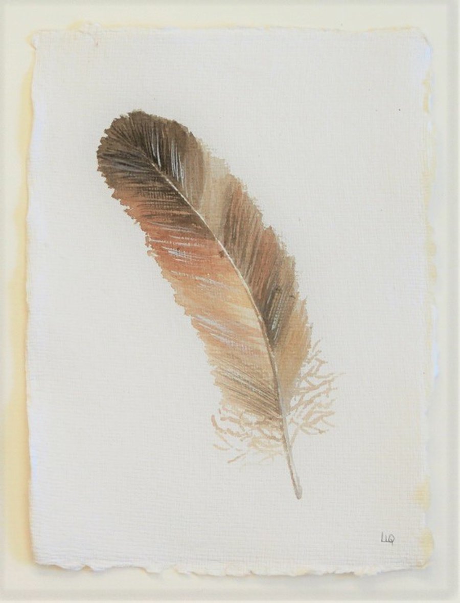 Original watercolour painting feather study in brown