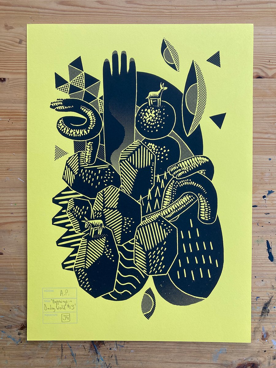 Happenings in Donkey World No.13 A3 linocut screenprint (on bright yellow paper)