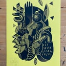 Happenings in Donkey World No.13 A3 linocut screenprint (on bright yellow paper)