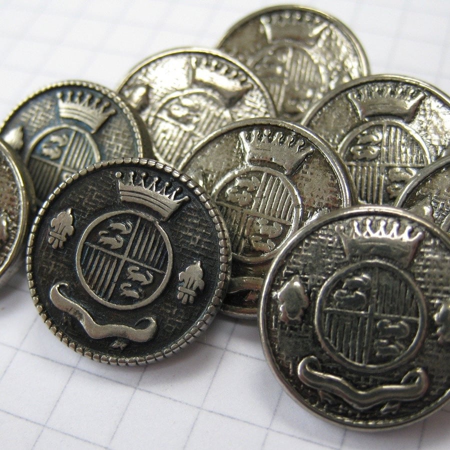 10 Small Pewter Coat of Arms Shank Buttons