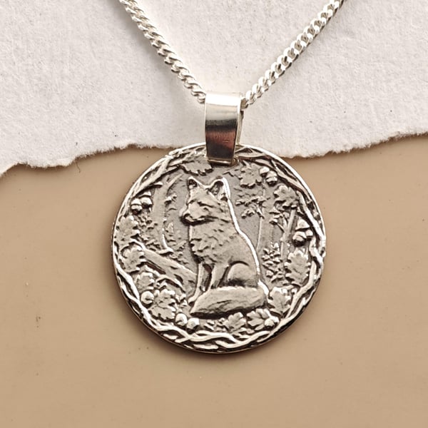 Fox Engraved Sterling Silver Coin Necklace