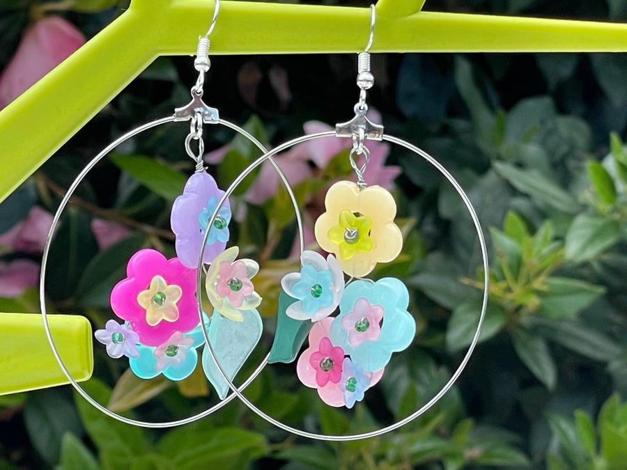 FLOWER HOOP EARRINGS floral statement mismatched lucite acrylic spring 