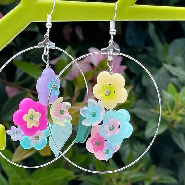 FLOWER HOOP EARRINGS floral statement mismatched lucite acrylic spring 