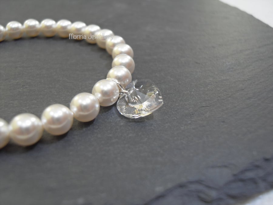 White Pearl and Crystal Heart Bracelet