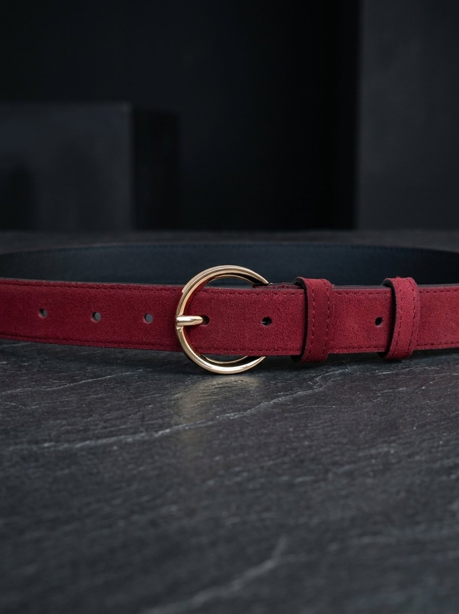 Red Full Grain Suede Leather Belt Gold-Tone Round Buckle Womens Belt 25mm 1 Inch