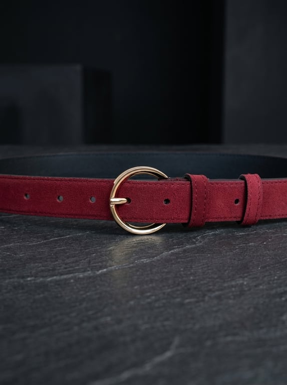 Red Full Grain Suede Leather Belt Gold-Tone Round Buckle Womens Belt 25mm 1 Inch