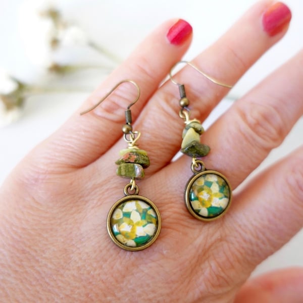 Green Howlite Dangle Earrings with Art Print Charms 