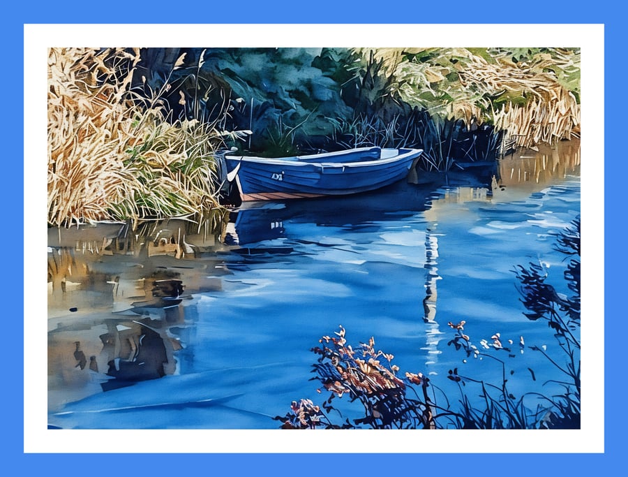 Watercolour Small Boat Near Upwell Church Norfolk Greeting Card A5