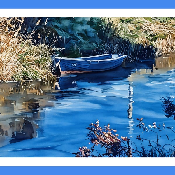 Watercolour Small Boat Near Upwell Church Norfolk Greeting Card A5