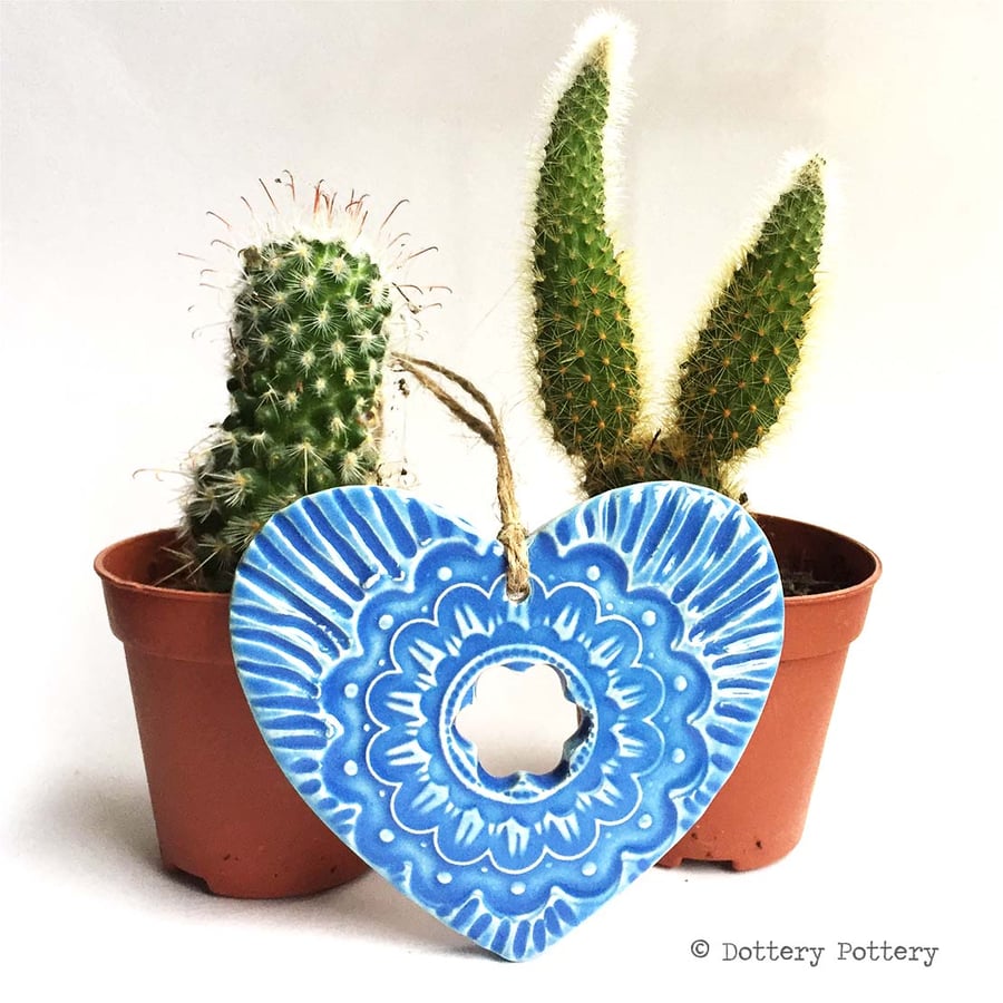 Ceramic heart hanging decoration Pottery Heart Folk art love heart Blue
