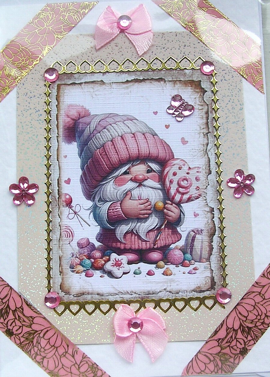 Pink Love Heart Gnome - Hand Crafted 3D Decoupage Card - Blank 2762