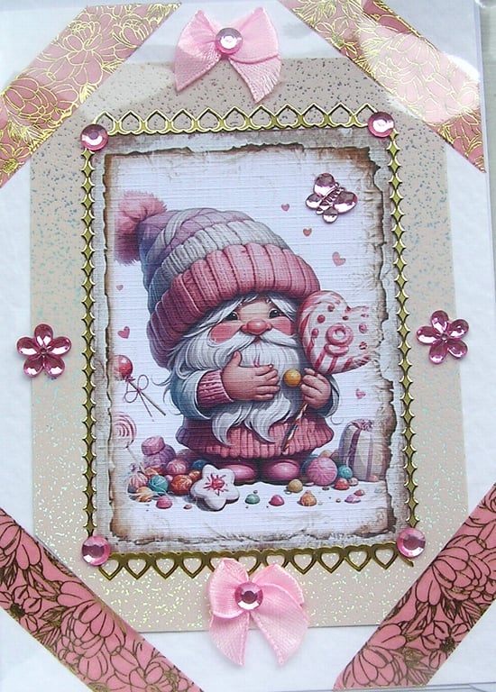 Pink Love Heart Gnome - Hand Crafted 3D Decoupage Card - Blank 2762