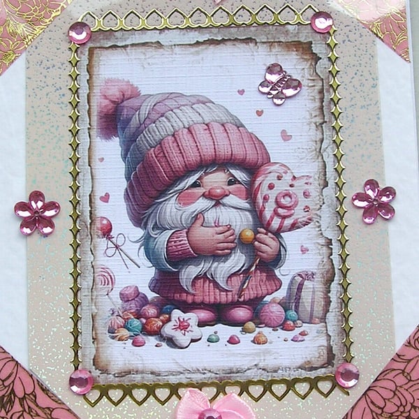 Pink Love Heart Gnome - Hand Crafted 3D Decoupage Card - Blank 2762