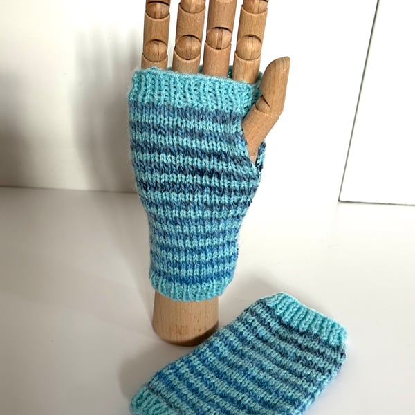 Hand knitted blue stripy wrist warmers