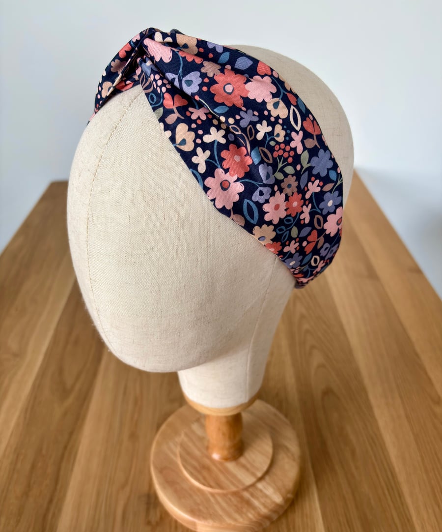 Cotton headband, twist knot style hairband in navy and pink floral print