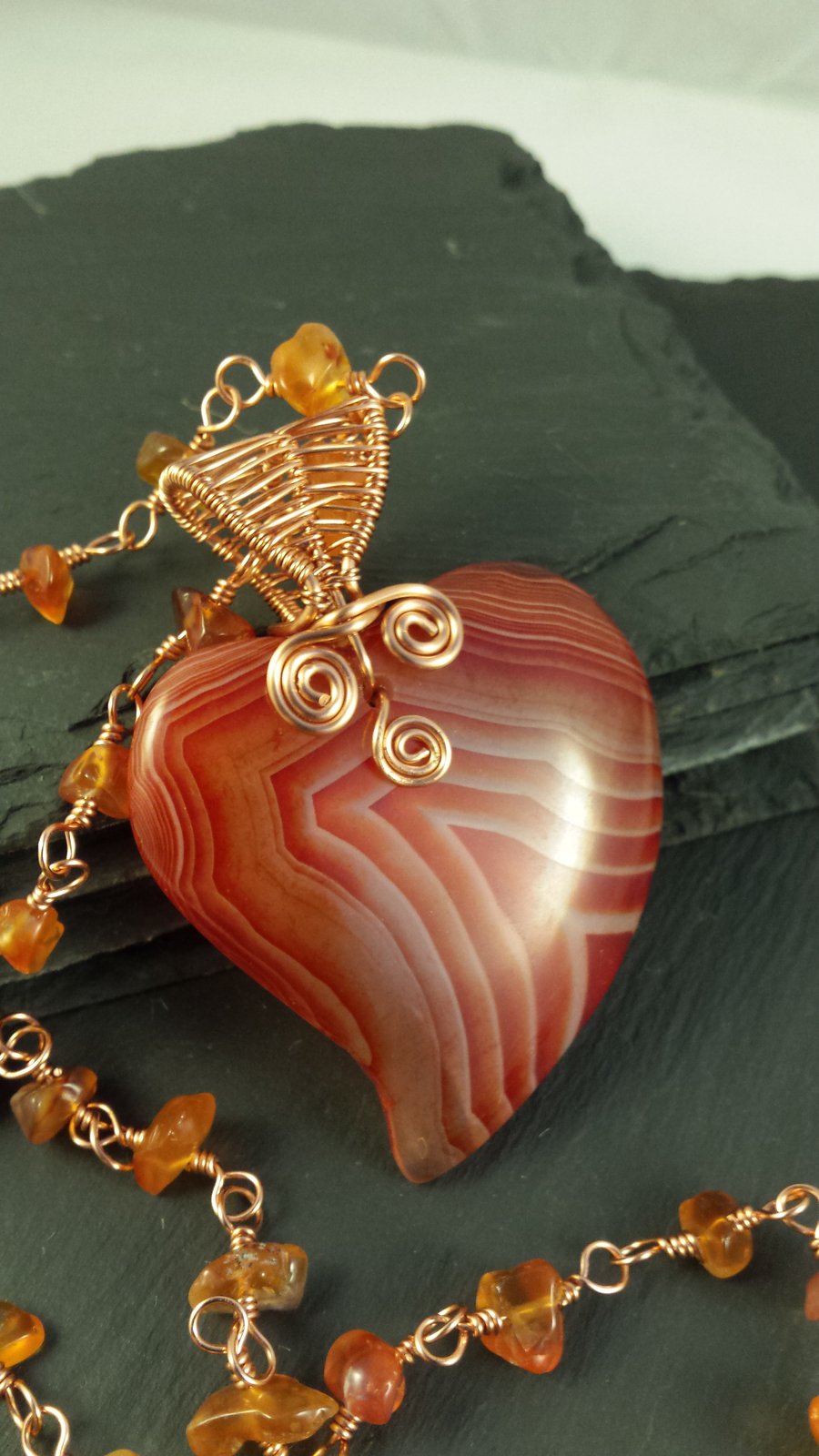 Orange Stripe Agate Heart Wire Wrapped Pendant and Rosary Link Necklace
