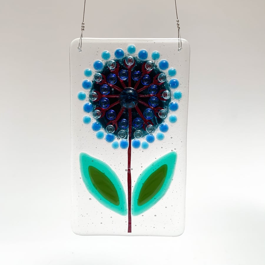 Fused Glass Blue Allium Hanging - Handmade Glass Suncatcher