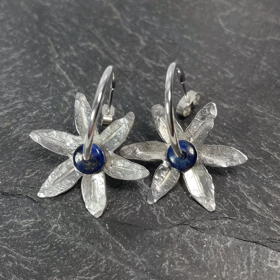 Sterling silver and lapis lazuli Flower hoop earrings