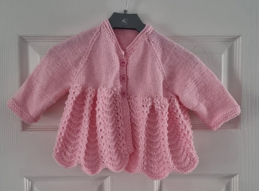 Hand knitted vintage style long sleeve cardigan  in pink to fit 3 to 6 months 