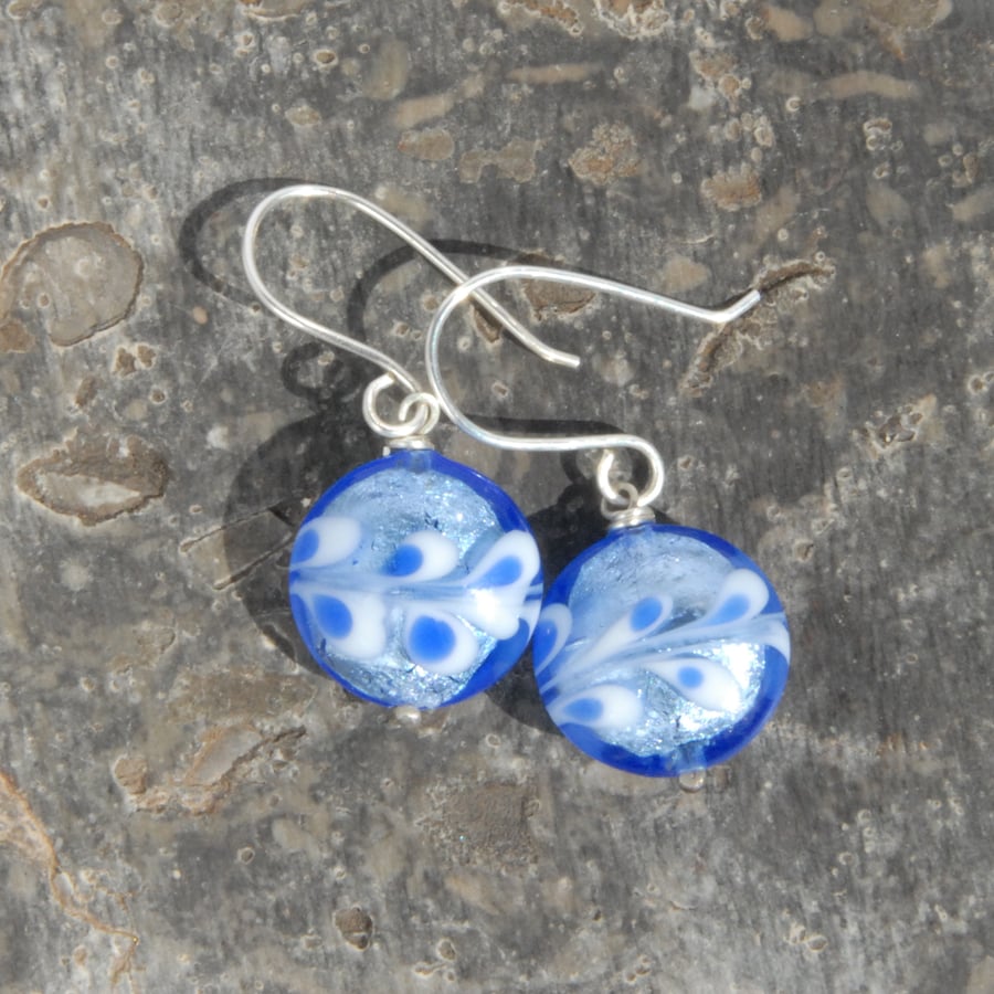 Sterling silver and Murano glass earrings - blue with white swirls