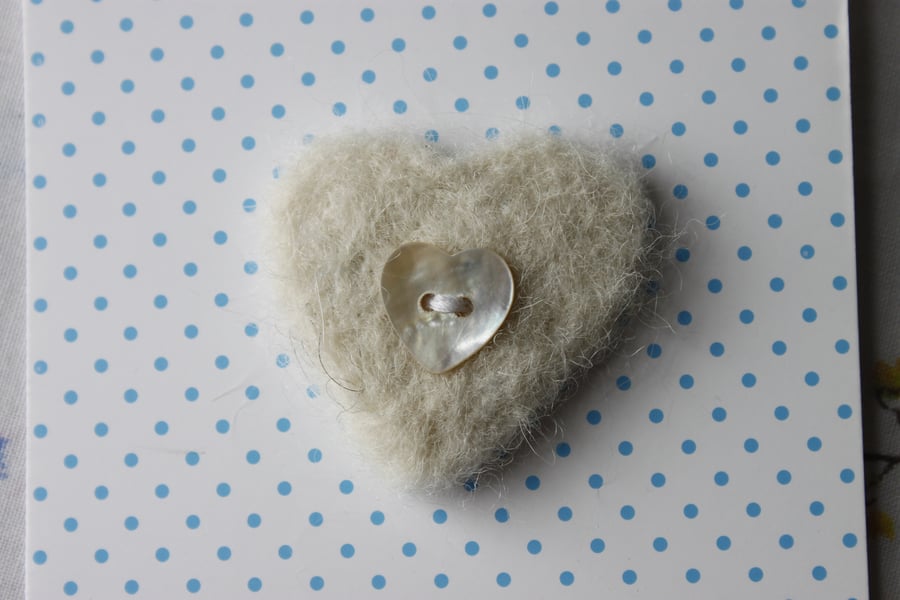 Needle felted heart brooch - cream with heart button