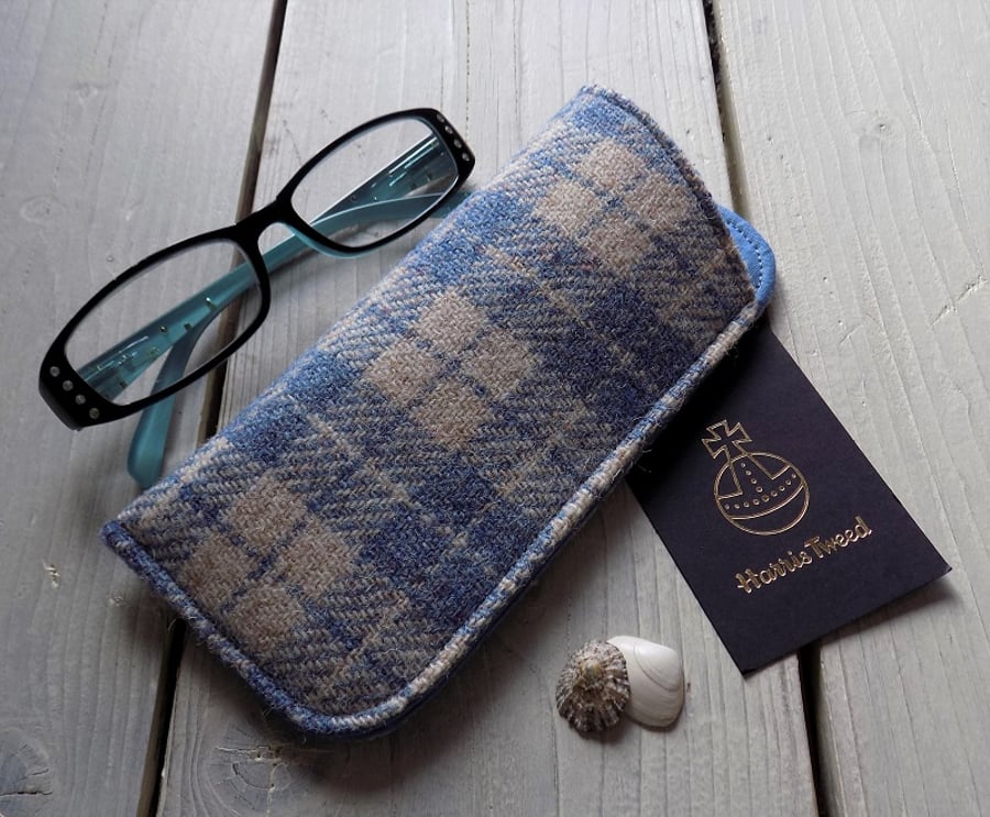 Harris Tweed eyeglasses case in denim blue and beige check