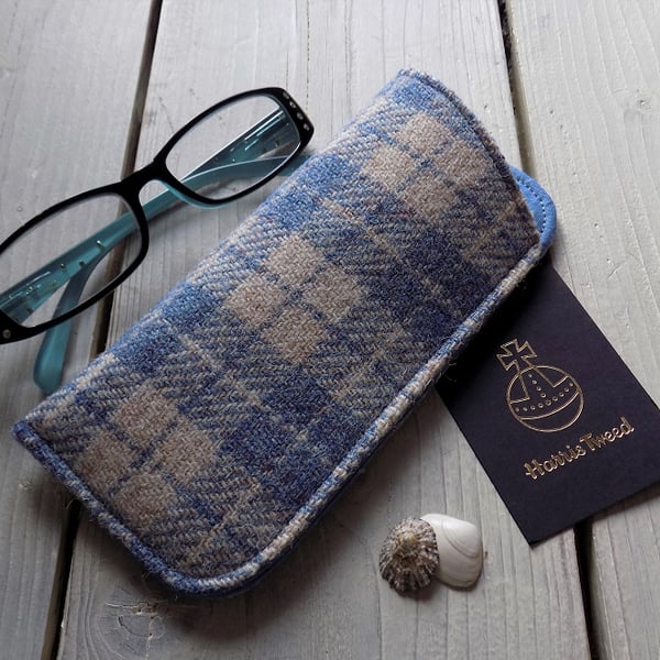 Harris Tweed eyeglasses case in denim blue and beige check