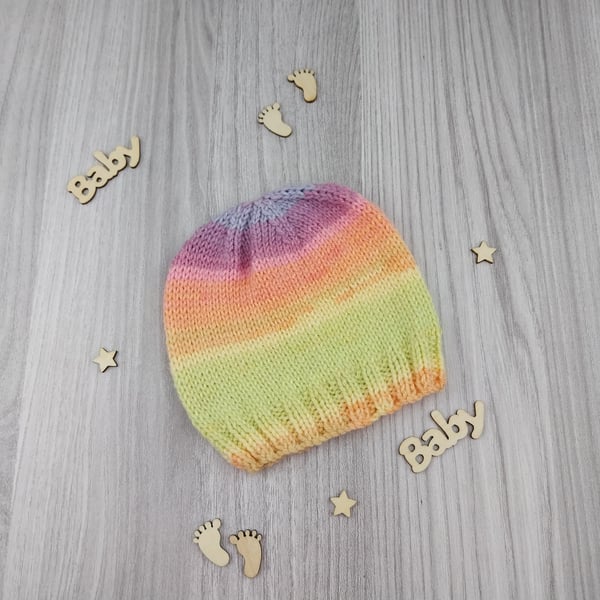 Hand Knitted Newborn Baby Hat in Pastel Stripes, Baby Girl Beanie, Winter 