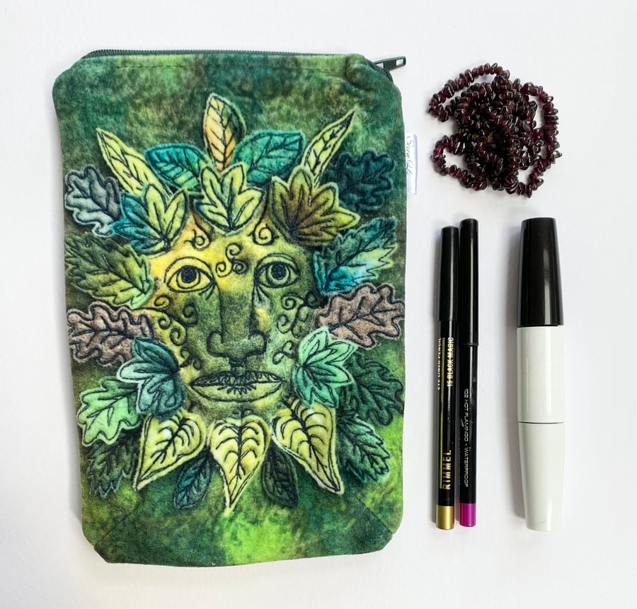Green man velvet makeup, Jewellery, toiletries bag, pencil case or kindle pouch.
