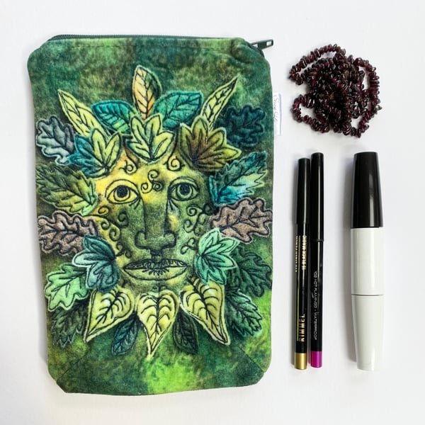 Green man velvet makeup, Jewellery, toiletries bag, pencil case or kindle pouch.
