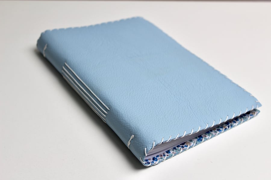 A5 Pale Blue Leather handmade notebook with fabric lining  and lined paper