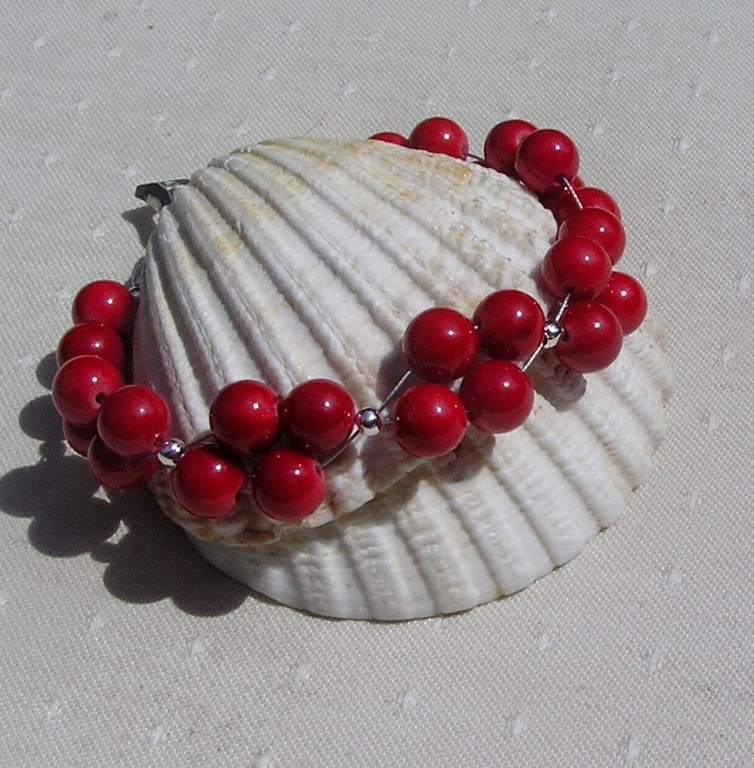 Natural Red Coral Gemstone Beaded Bracelet "Holly Berry"